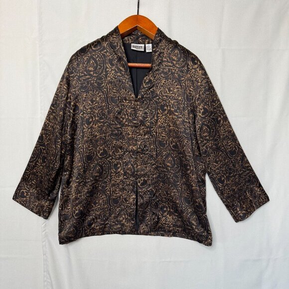 Vintage Chicos Design 100% Silk Brown Tan Black Filigree Print Tunic Jacket - Picture 1 of 11